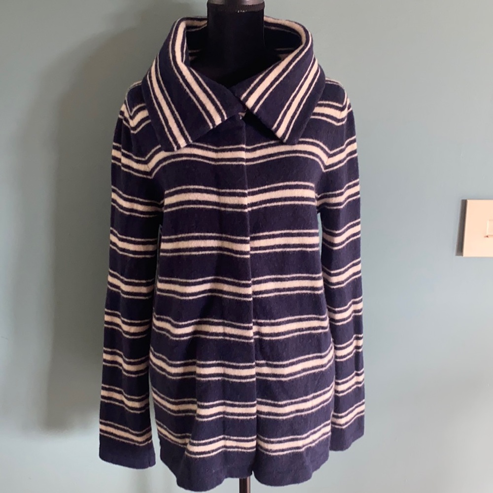 Lands' End Navy and White Striped Wool-Blend Cardigan Jacket